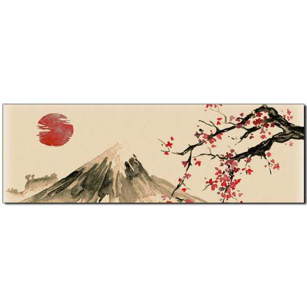 Obraz na plátně - Tradiční sumi-e obraz: sakura, slunce a hory - panoráma